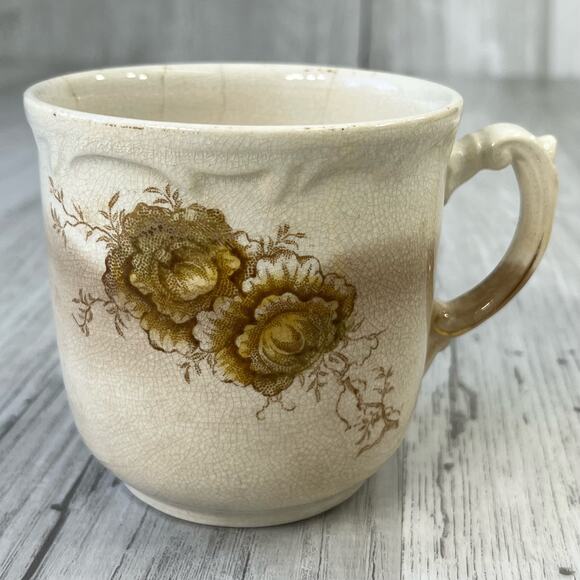 Vintage Brown Cream Red Floral Shaving Mug Cup Decor - Picture 1 of 10